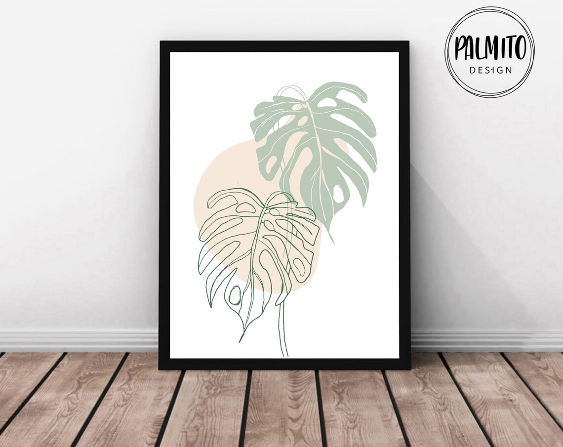 Sage Green Monstera Line Art, Mid-Century Modern Art Print - Image 2