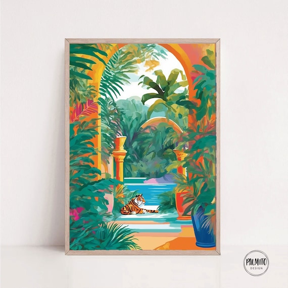 Tiger by Tropical Pool Archway Lush Jungle Garden Art Poster