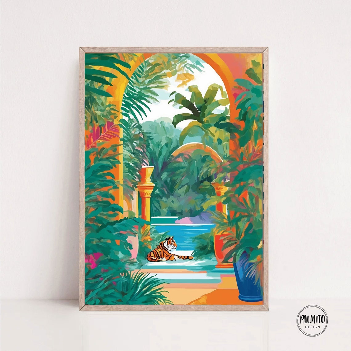Tiger by Tropical Pool Archway Lush Jungle Garden Art Poster