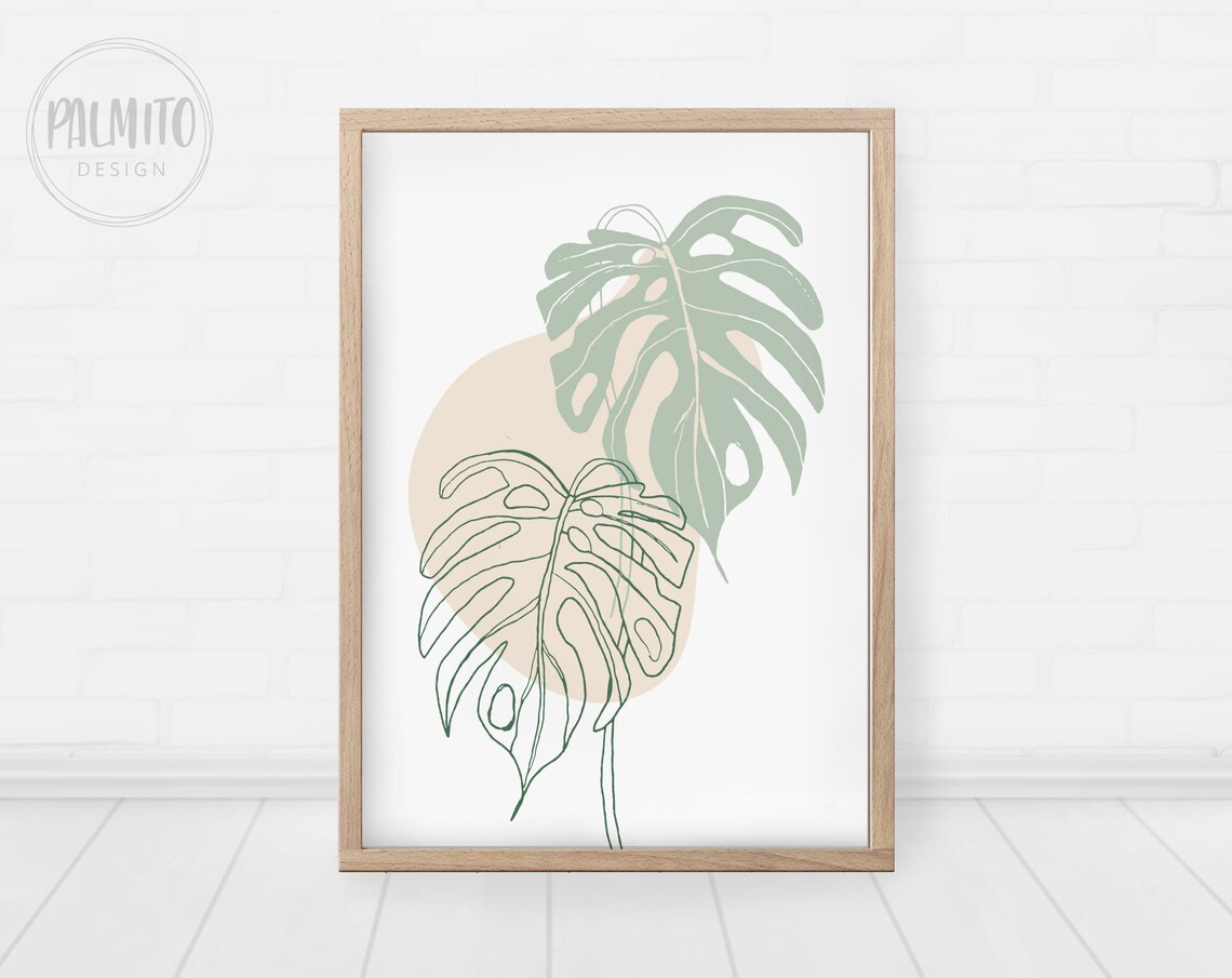 Sage Green Monstera Line Art, Mid-Century Modern Art Print
