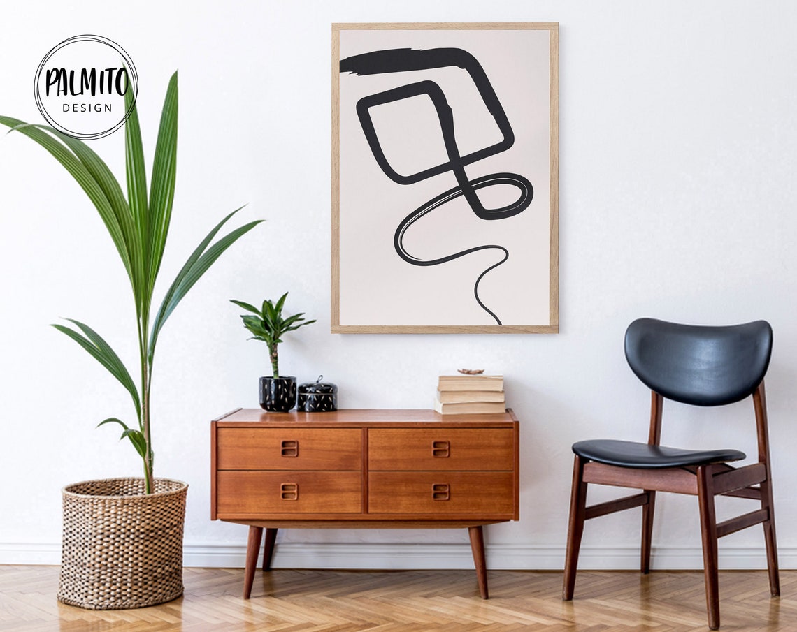 Bold Black Scribble Square Line Abstract Minimal Brush Wall Art - Image 2