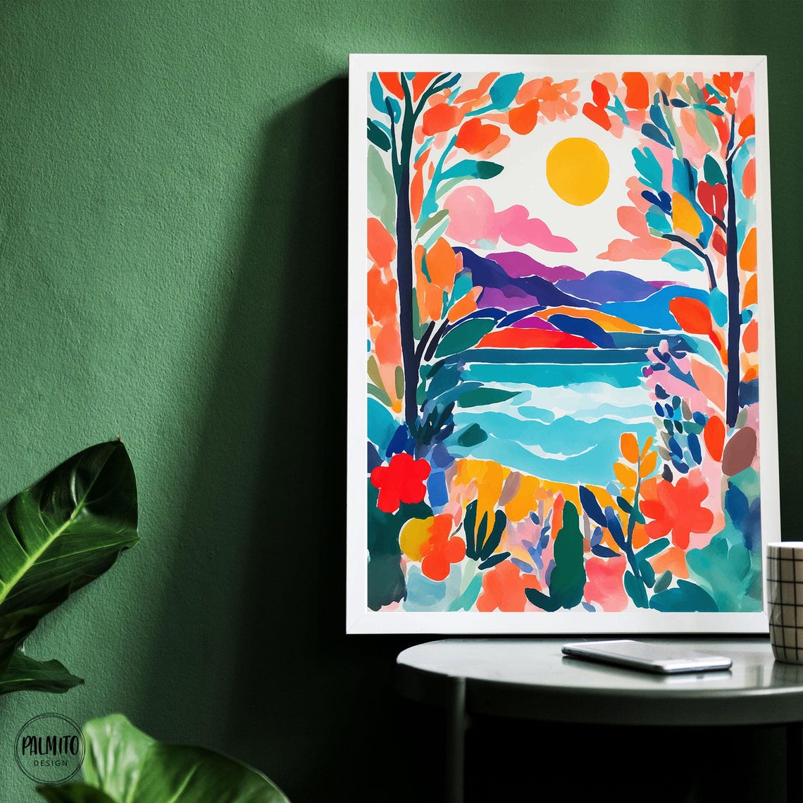 Fauvist Lake Sunset Colorful Hills Watercolor Landscape Poster - Image 2