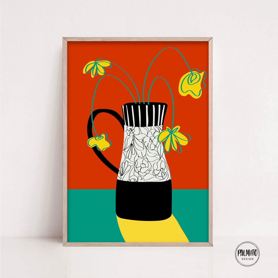 Bold Floral Vase Yellow Flowers Red Teal Modern Still Life Poster