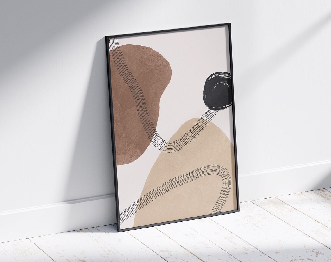 Organic Brown Blobs Black Circle Dashed Line Mid Century Print - Image 2