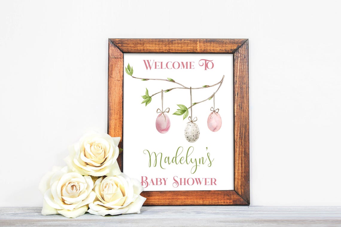 Madelyn's Baby Shower Welcome Sign Personalized Hanging Eggs Poster - Image 2