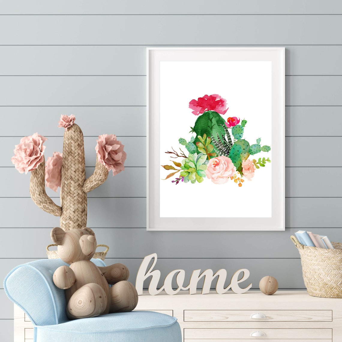Blooming Cactus and Succulent Watercolor Arrangement Art Poster - Image 2