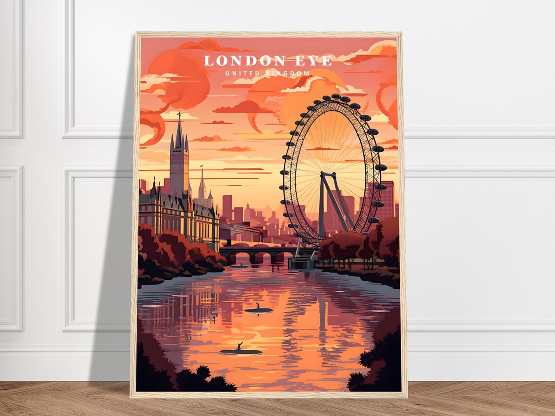 London Eye Sunset Thames River United Kingdom Vintage Travel Poster