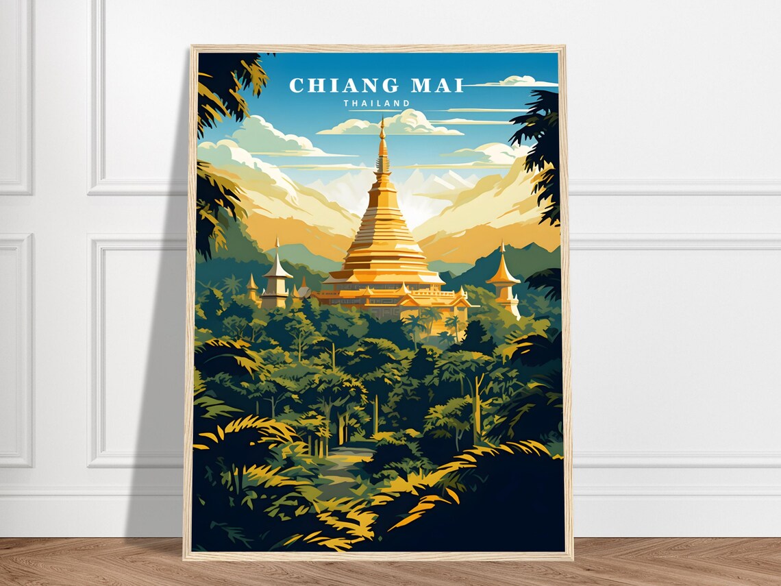 Chiang Mai Thailand Golden Temple Mountain Colorful Travel Poster