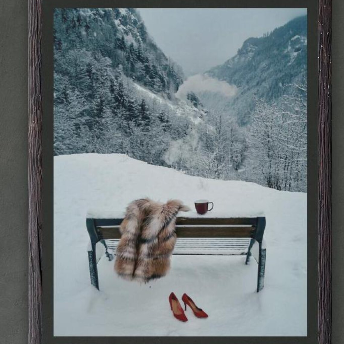 Snowy Mountain Valley Scenic Winter Coffee Moment Cozy Poster
