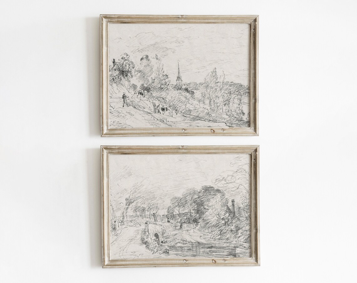 Antique Landscape Sketch Set, Vintage Scenery Drawings