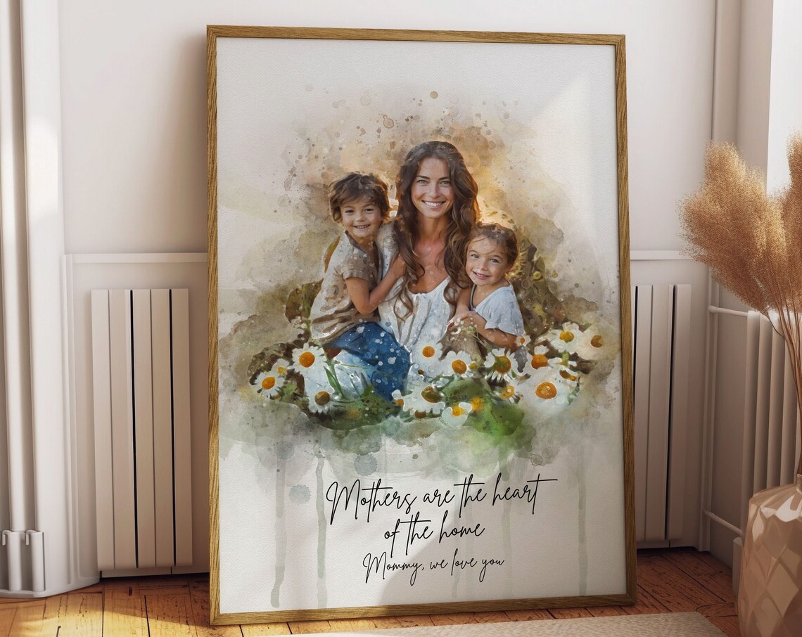 Mom With Two Kids Daisy Field Watercolor Portrait Mothers Day Print
