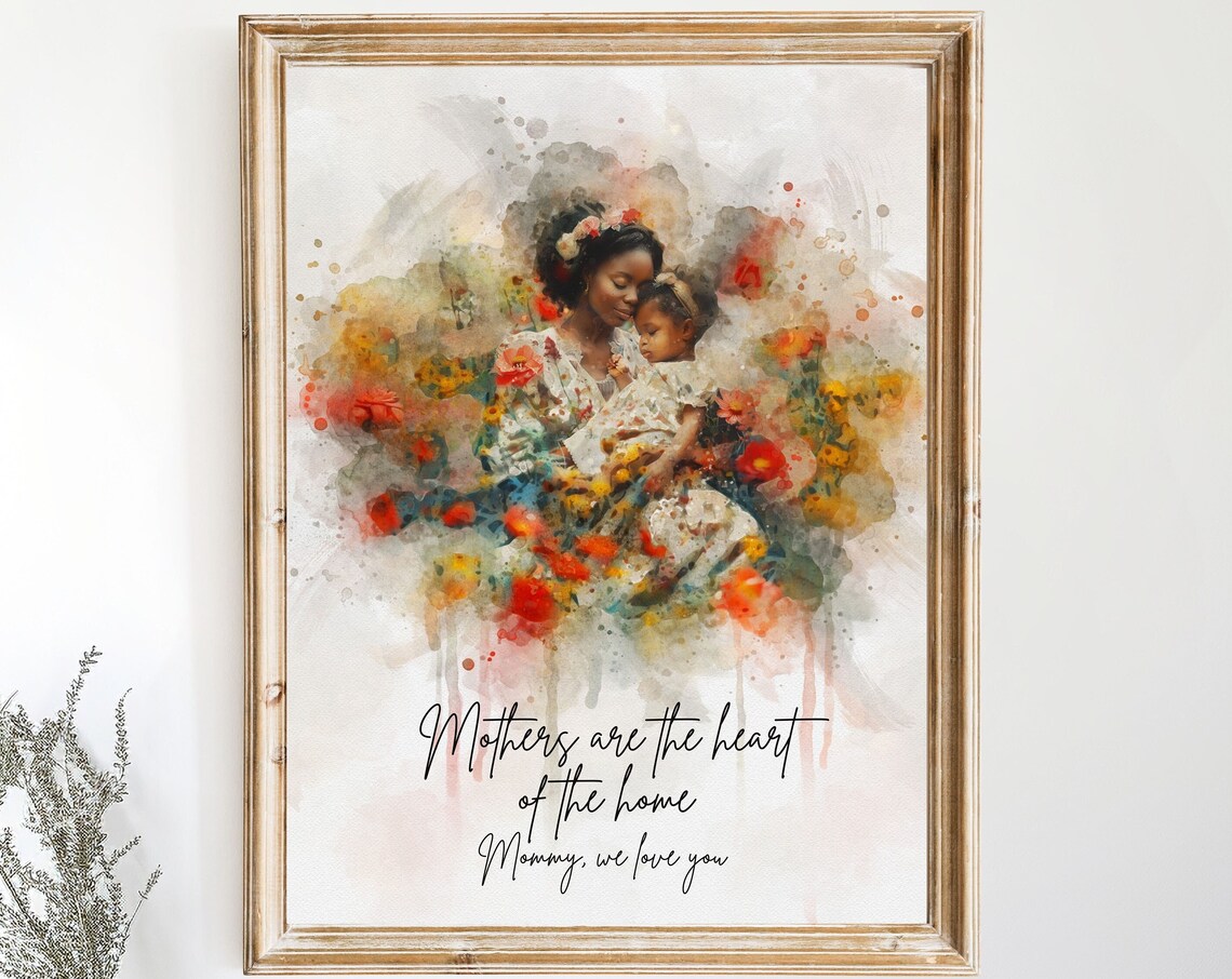 Watercolor Mother And Child Floral Portrait Mothers Heart Home Print