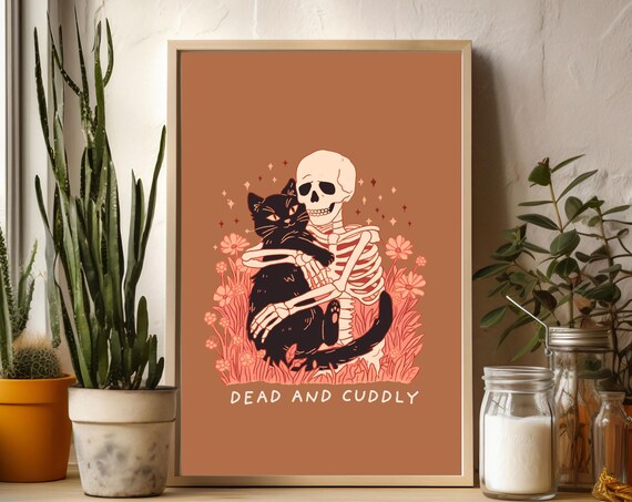 Dead And Cuddly Skeleton Hugging Black Cat Funny Halloween Art Poster