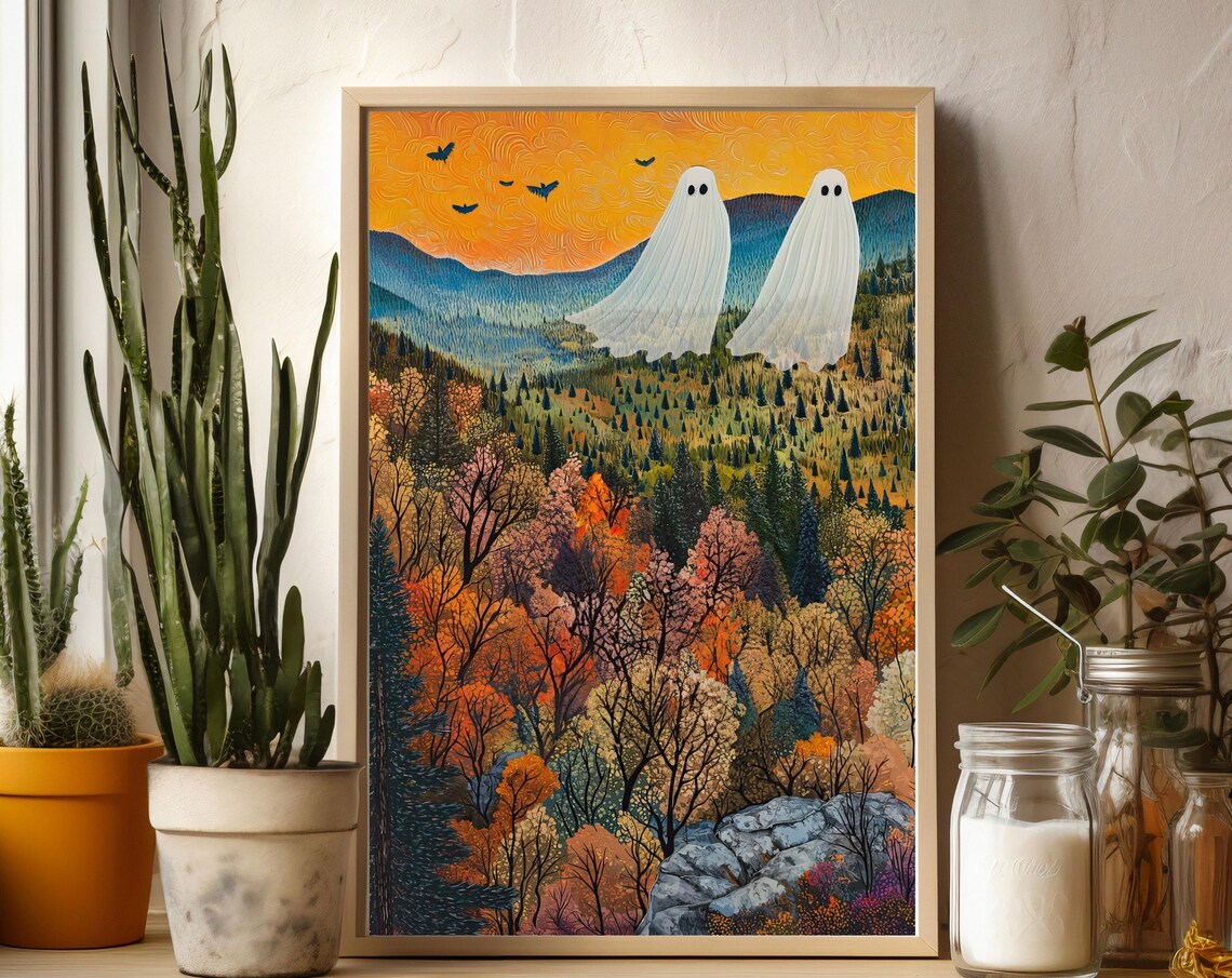 Two White Ghosts Autumn Valley Bats Spooky Cute Halloween Wall Art