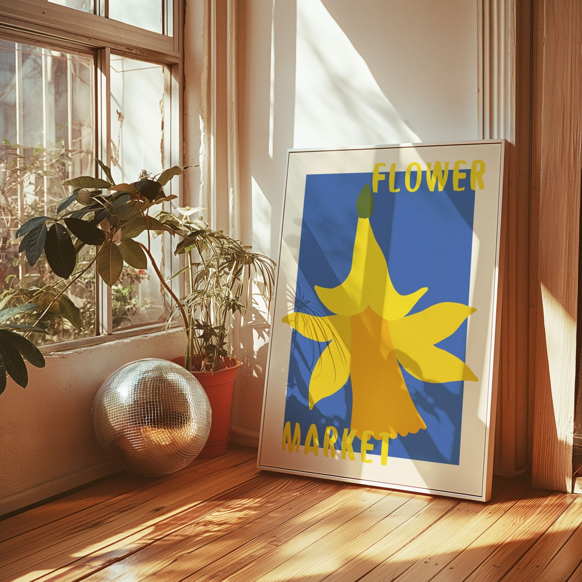 Blue Flower Market Pop Art Poster with Yellow Daffodil Design