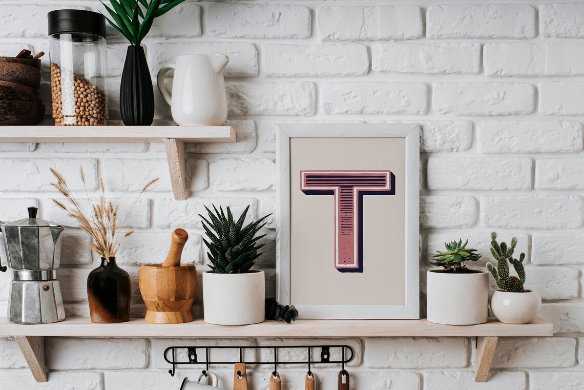 Letter T Dusty Rose Navy Varsity Alphabet Typography Nursery Room Poster - Image 2