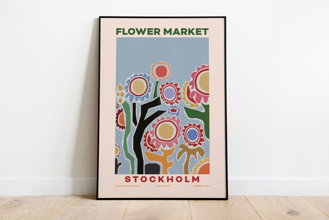 Stockholm Flower Market Poster Folk Style Colorful Blooms On Blue Art - Image 2