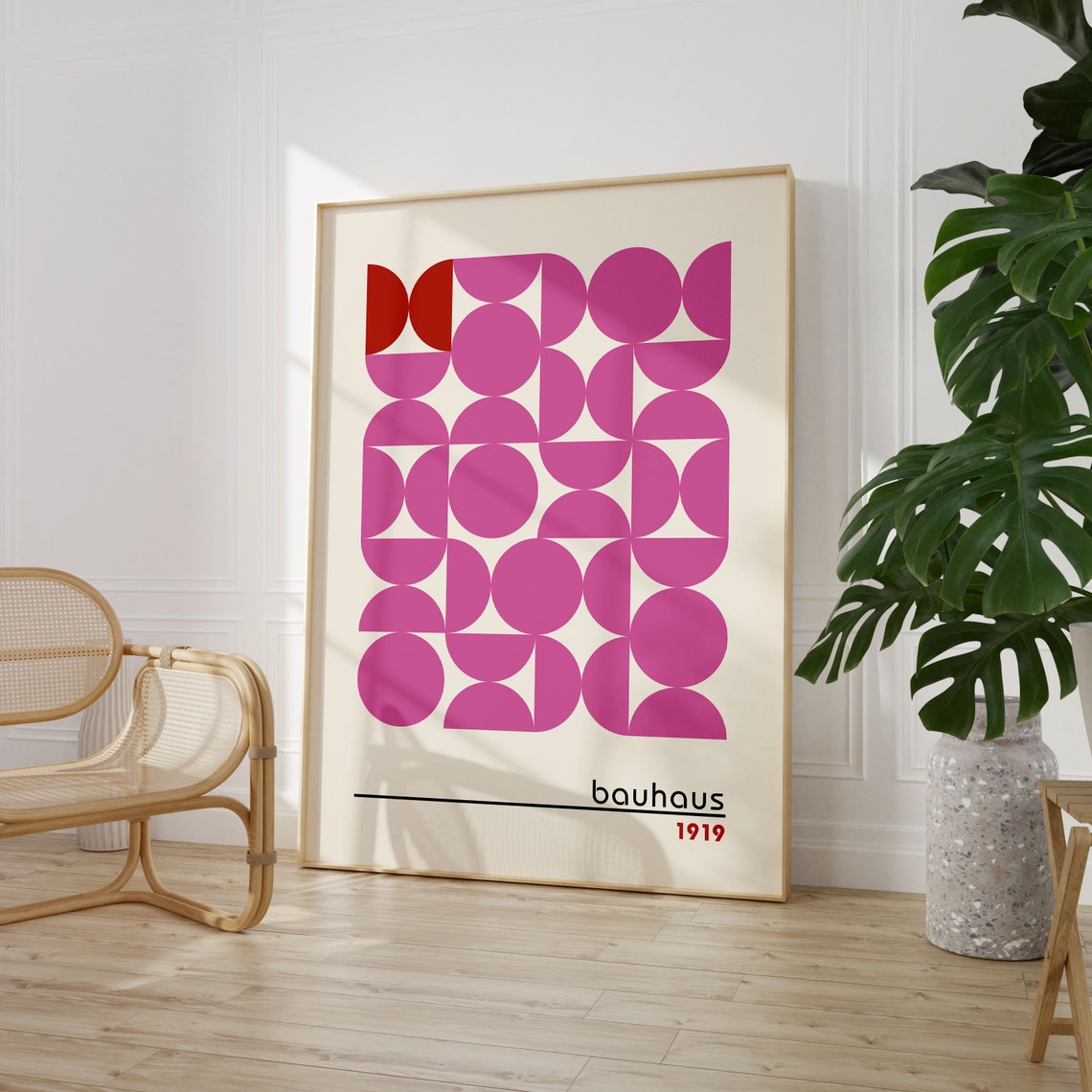 Bauhaus Pink Circle Grid with Red Accent 1919 Geometric Poster