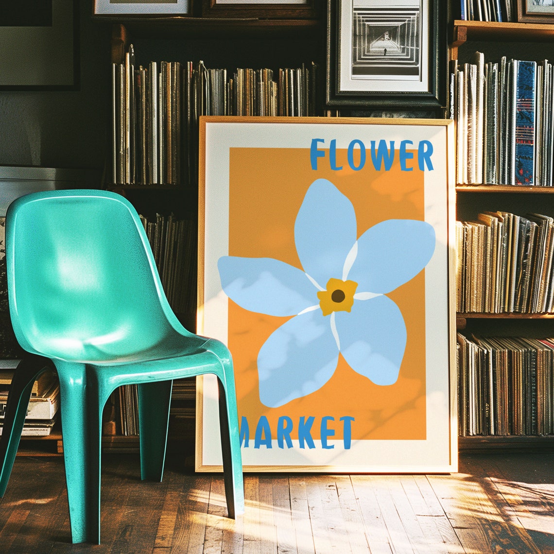 Blue Flower with Golden Center on Orange Vintage Market Poster - Image 4