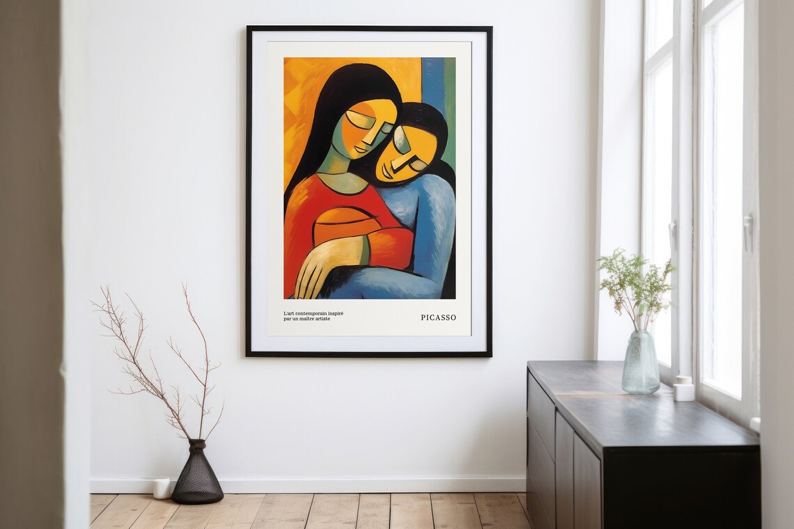 Picasso Style Cubist Embracing Couple Portrait Warm Orange Blue Art Poster - Image 3