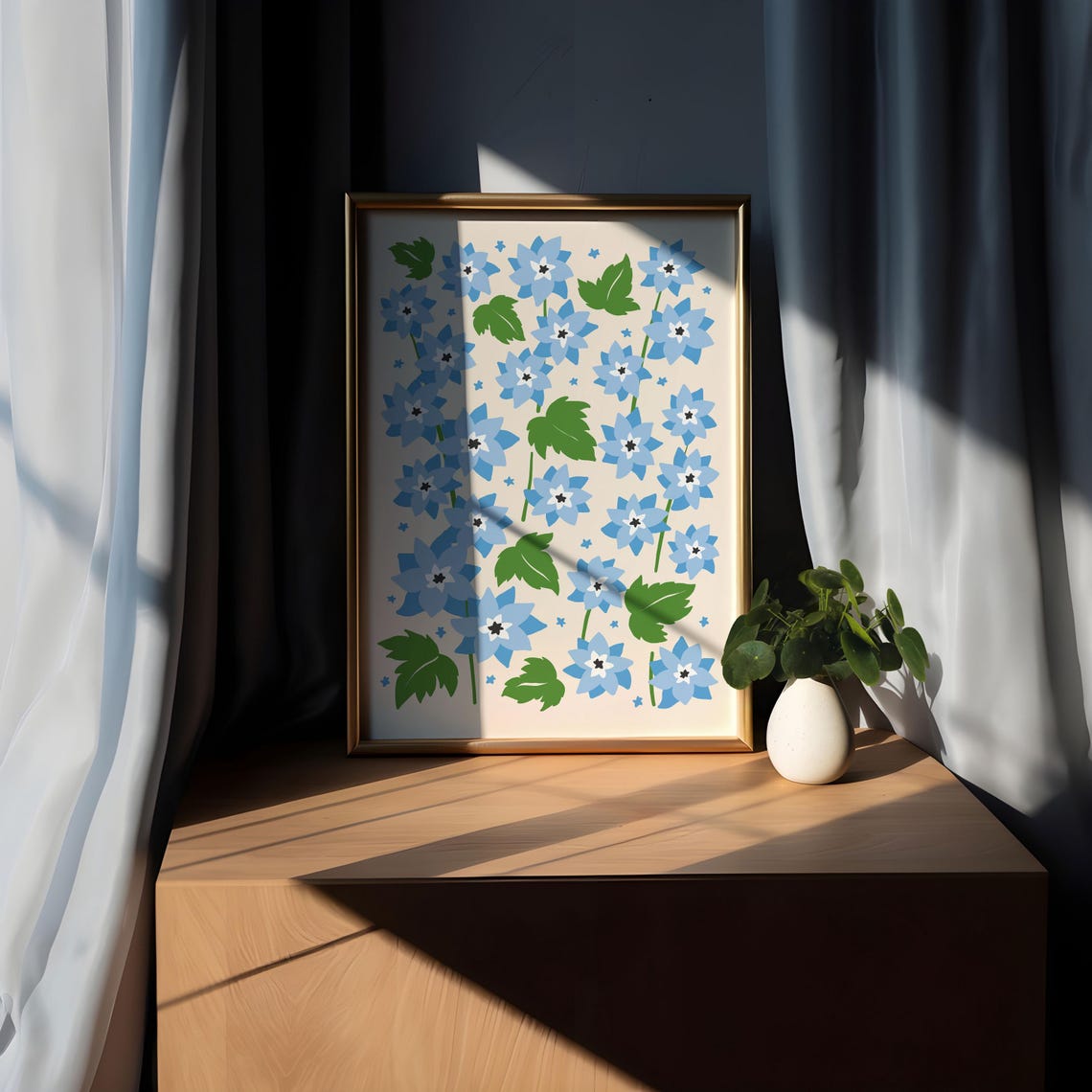 Blue Wildflower Botanical Poster with Green Leaves on Cream Background - Image 5