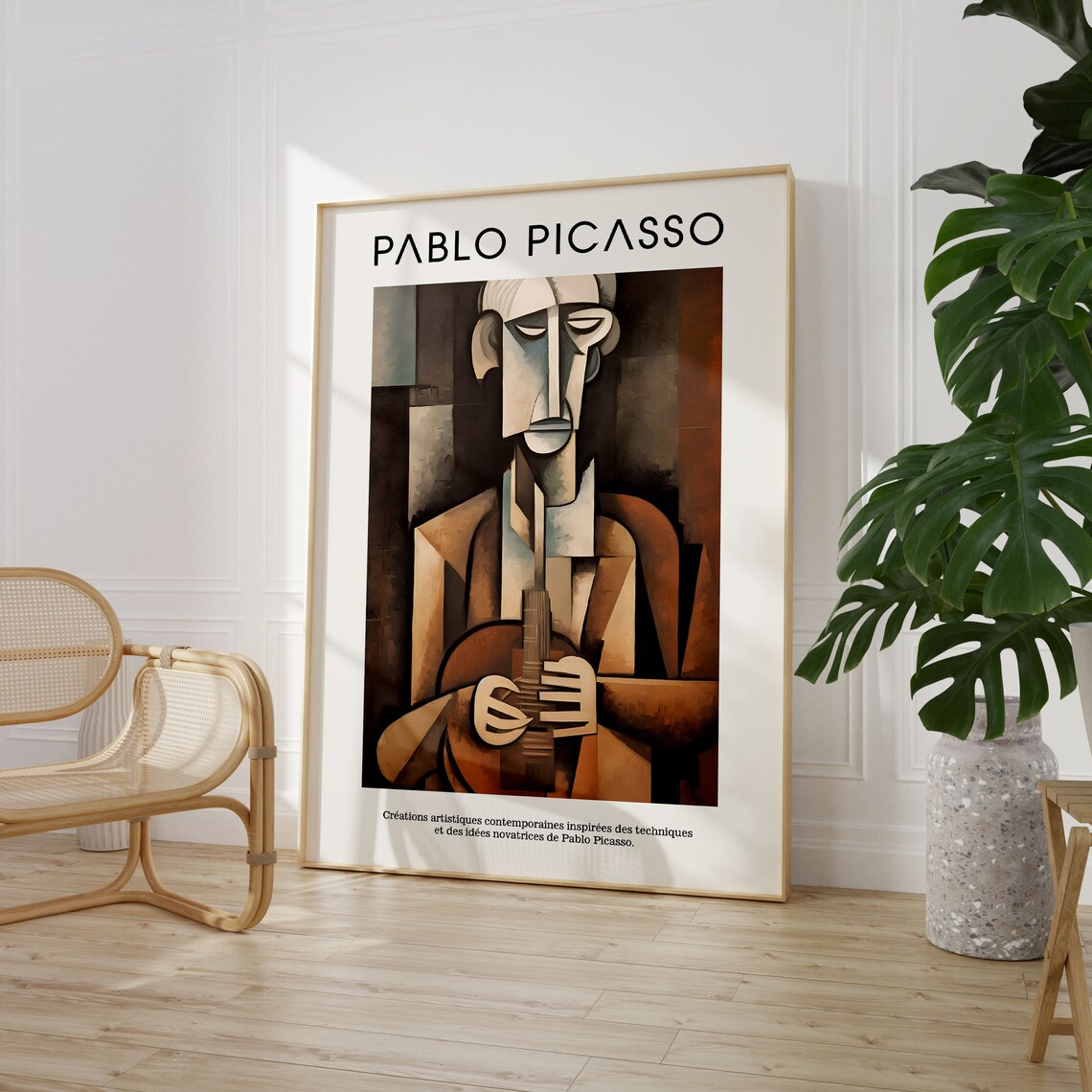 Picasso Style Cubist Guitarist Portrait Moody Brown Sepia Abstract Poster