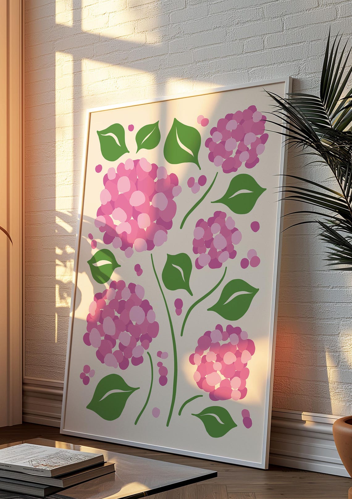 Pink Hydrangea Botanical Poster with Green Leaves on Cream Background - Image 3