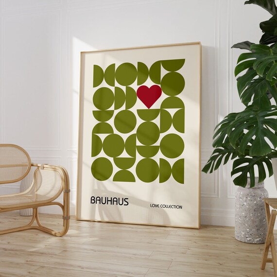 Bauhaus Green Geometric Love Printable Poster Maximalist Trendy Print Mid Century Modern Living Room Wall Art
