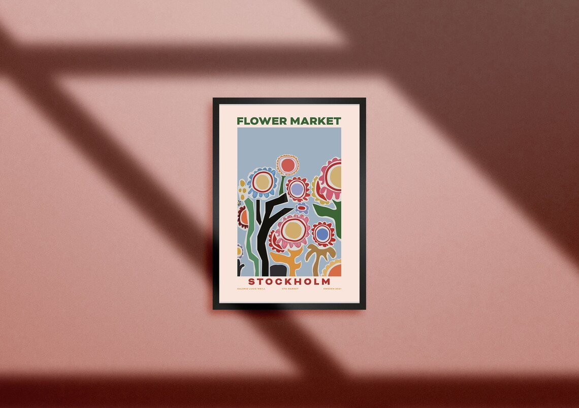 Stockholm Flower Market Poster Folk Style Colorful Blooms On Blue Art - Image 3