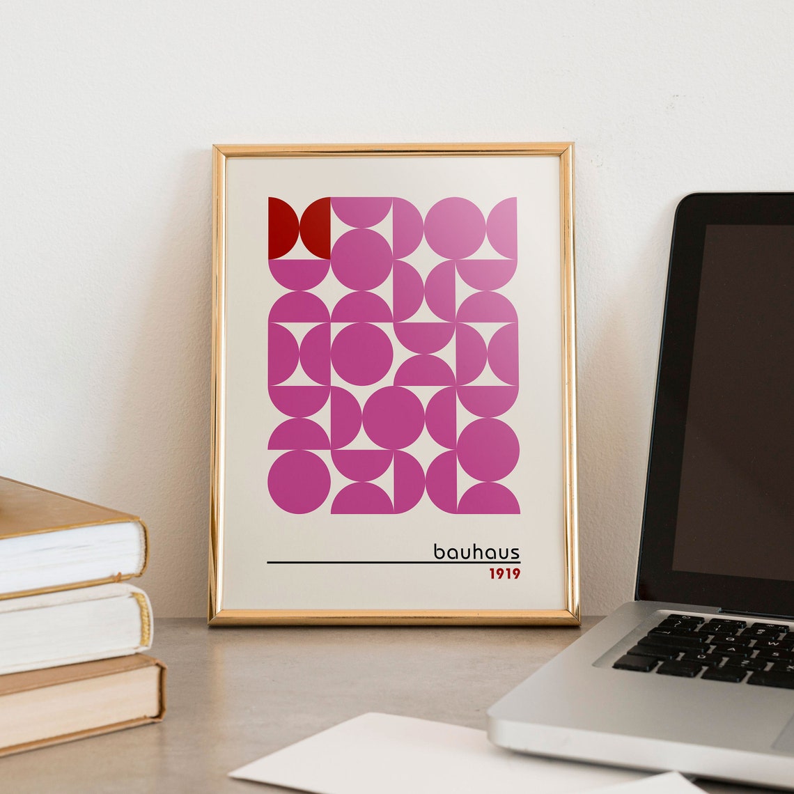Bauhaus Pink Circle Grid with Red Accent 1919 Geometric Poster - Image 3