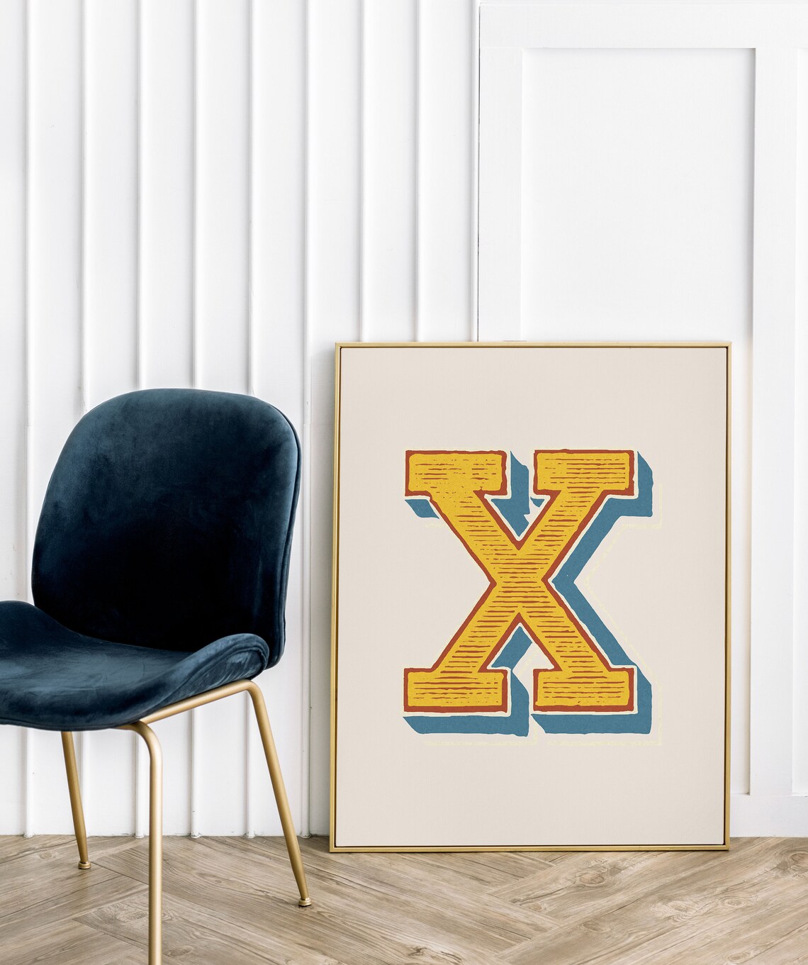 Letter X Golden Yellow Teal Striped Alphabet Typography Playroom Poster - Image 3