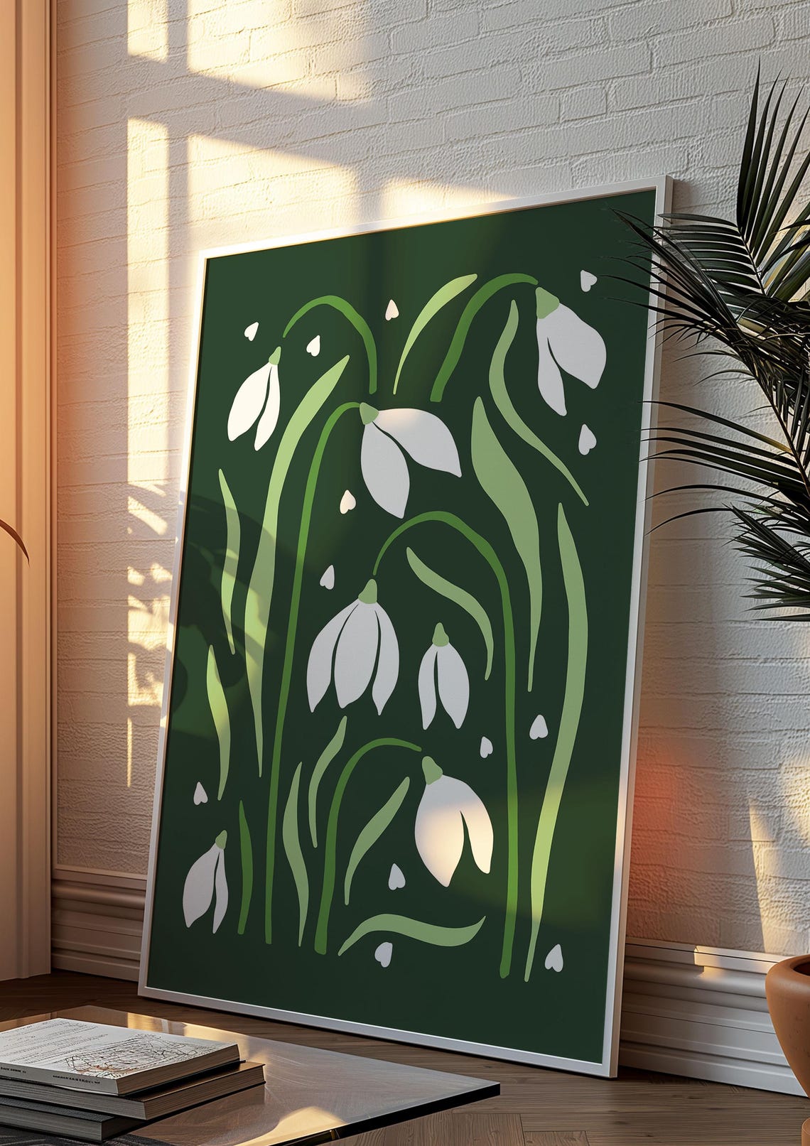 White Snowdrops on Dark Forest Green Modern Botanical Poster - Image 3