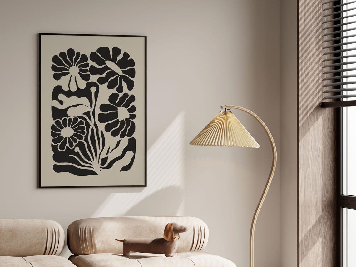 Beige Black Daisy Cutout Retro Floral Botanical Art Wall Poster - Image 3