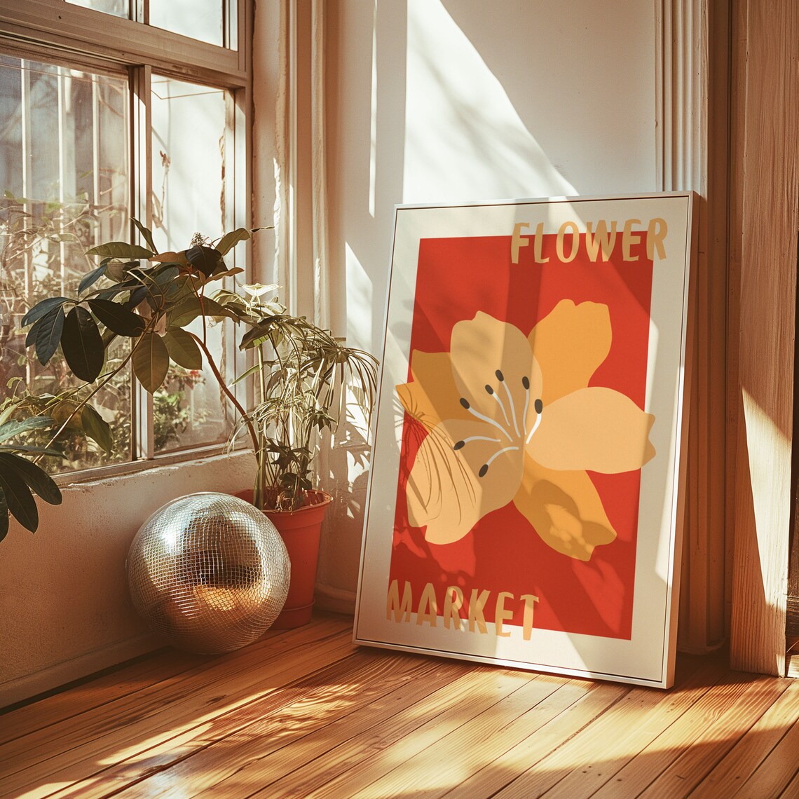 Red Flower Market Pop Art Poster with Bold Yellow Blossom Design