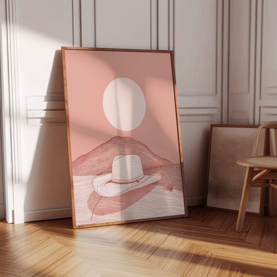 Desert Cowboy Hat Line Art Blush Pink Sunset Minimalist Western Poster