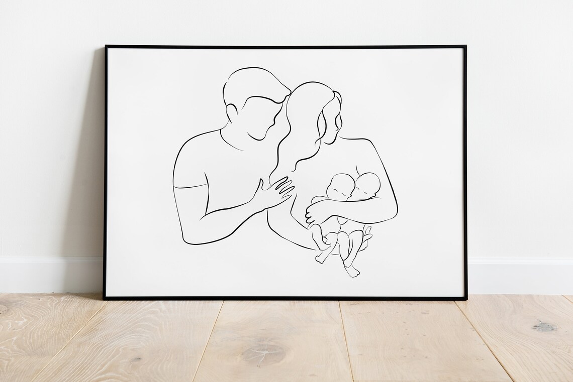 Family With Twins Line Art Mom Dad Twin Newborn Babies Poster