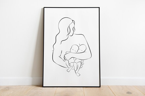 Mom And Twins Line Art Mama With Wall Gift For Twin Babies Minimalist Baby Drawing