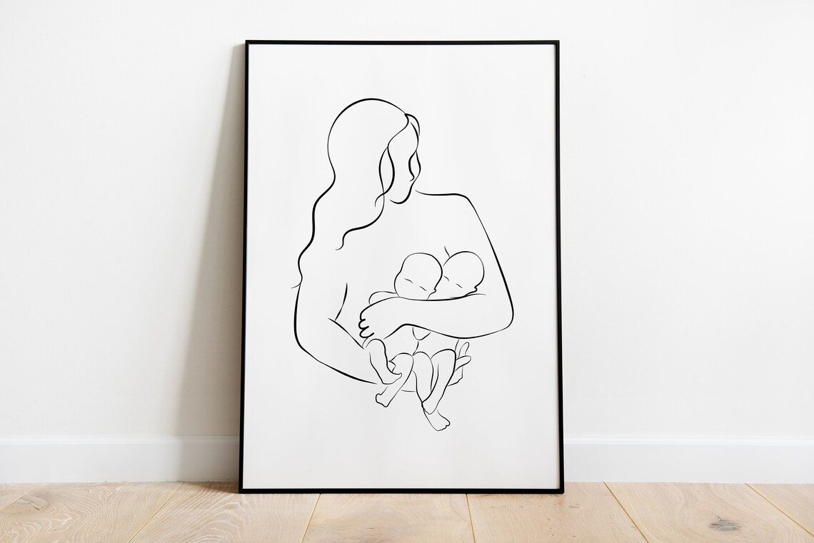 Mom and Twins Line Art Mother Holding Twin Babies Minimalist Poster