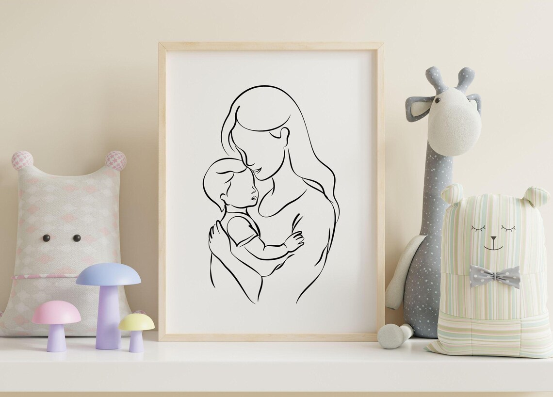Mother and Baby Line Art Minimalist Mama Embrace Sketch Print - Image 2