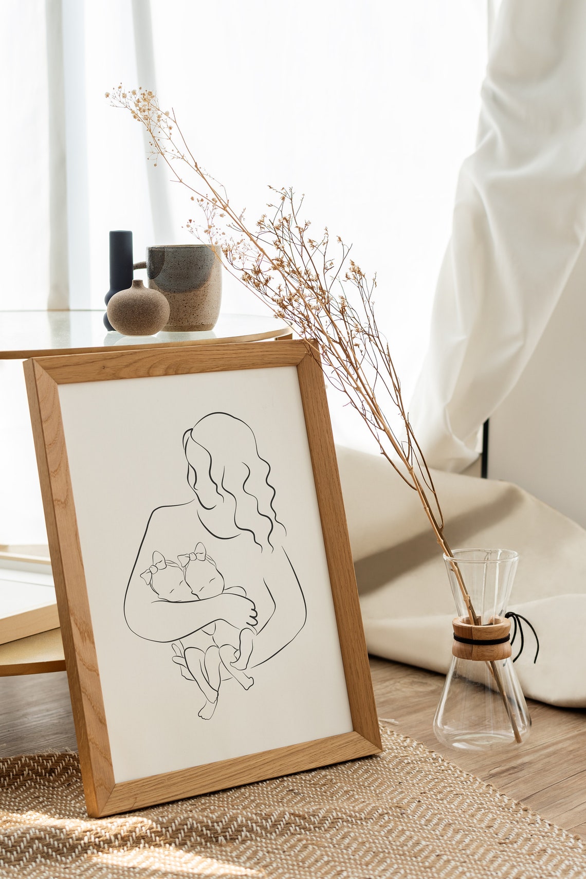 Mom And Twin Girls Line Art Mother Twins Nursery Sweet Print - Image 2