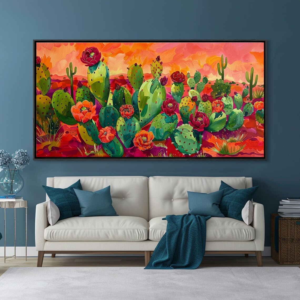 Desert Flowers and Cacti With Mountains, Boho Art Print
