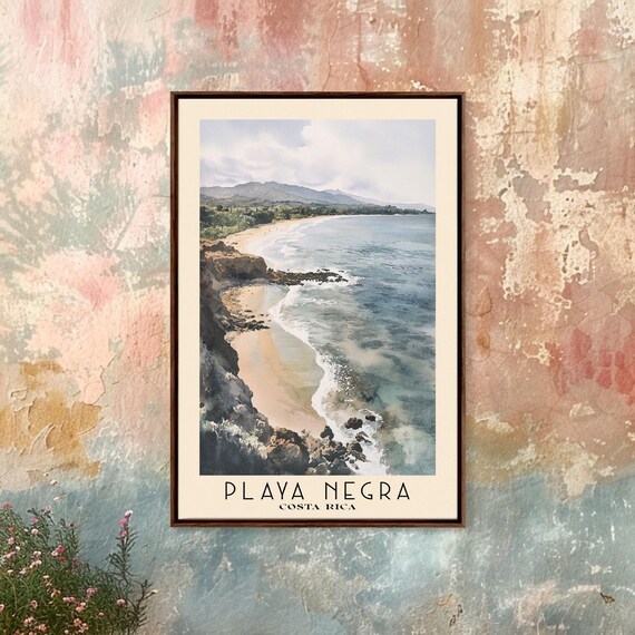 Playa Negra Costa Rica Black Rocks Golden Sand Watercolor Travel Poster