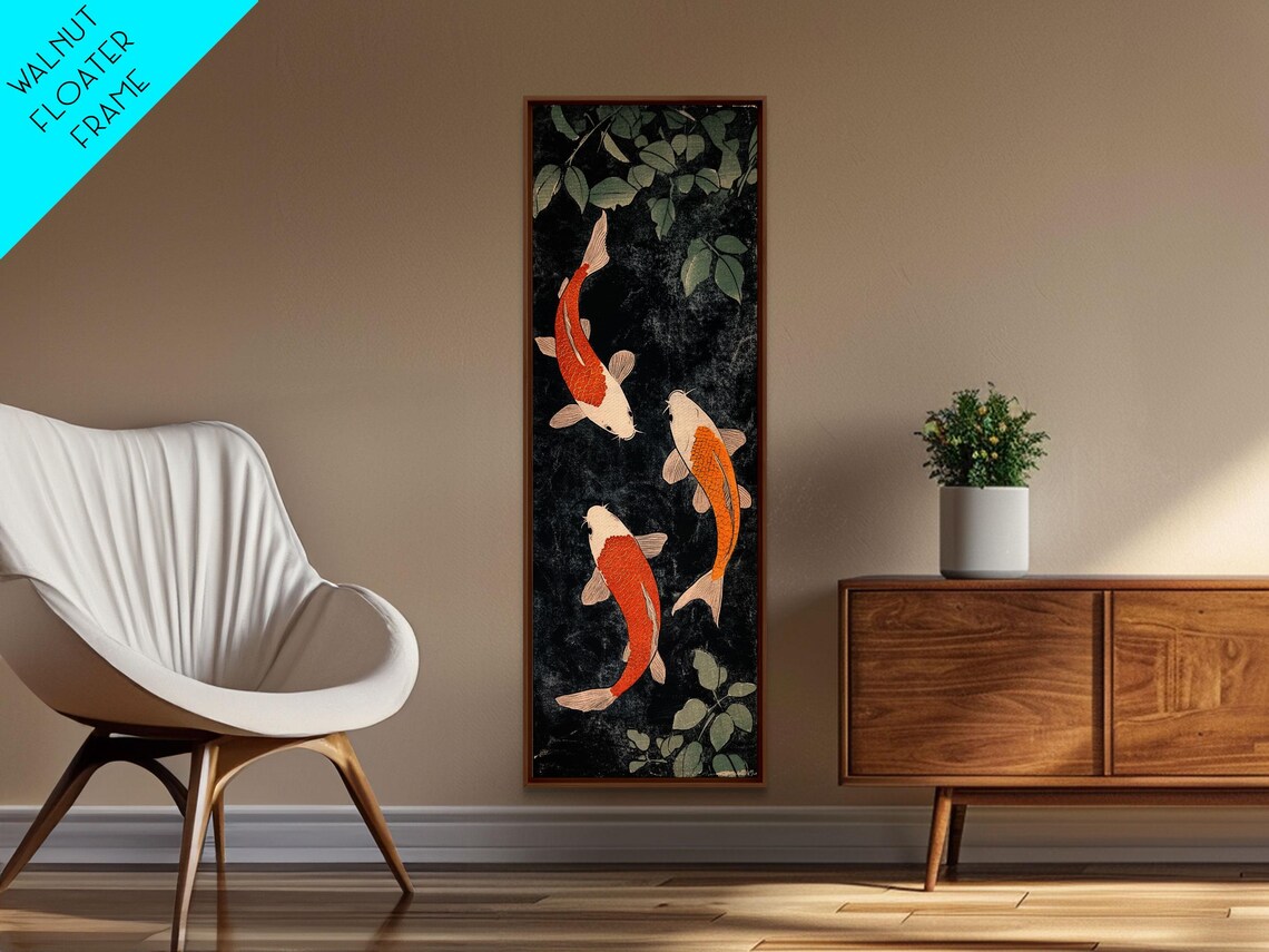 Three Koi Fish Black Pond Green Leaves Japanese Style Painting Poster - Image 3
