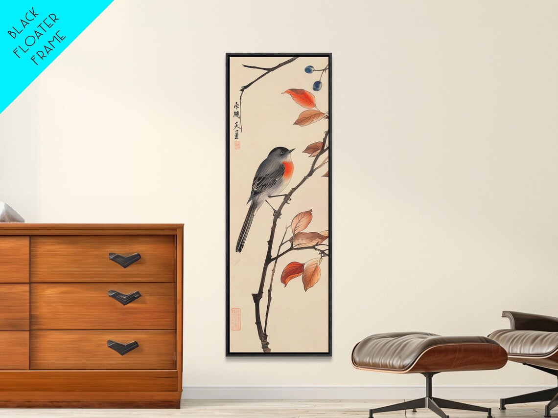 Songbird On Autumn Branch With Red Berries Vintage Woodblock Wall Art - Image 5