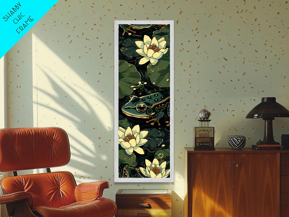 Green Frog Water Lilies Dark Pond Japanese Style Tall Art Poster - Image 3