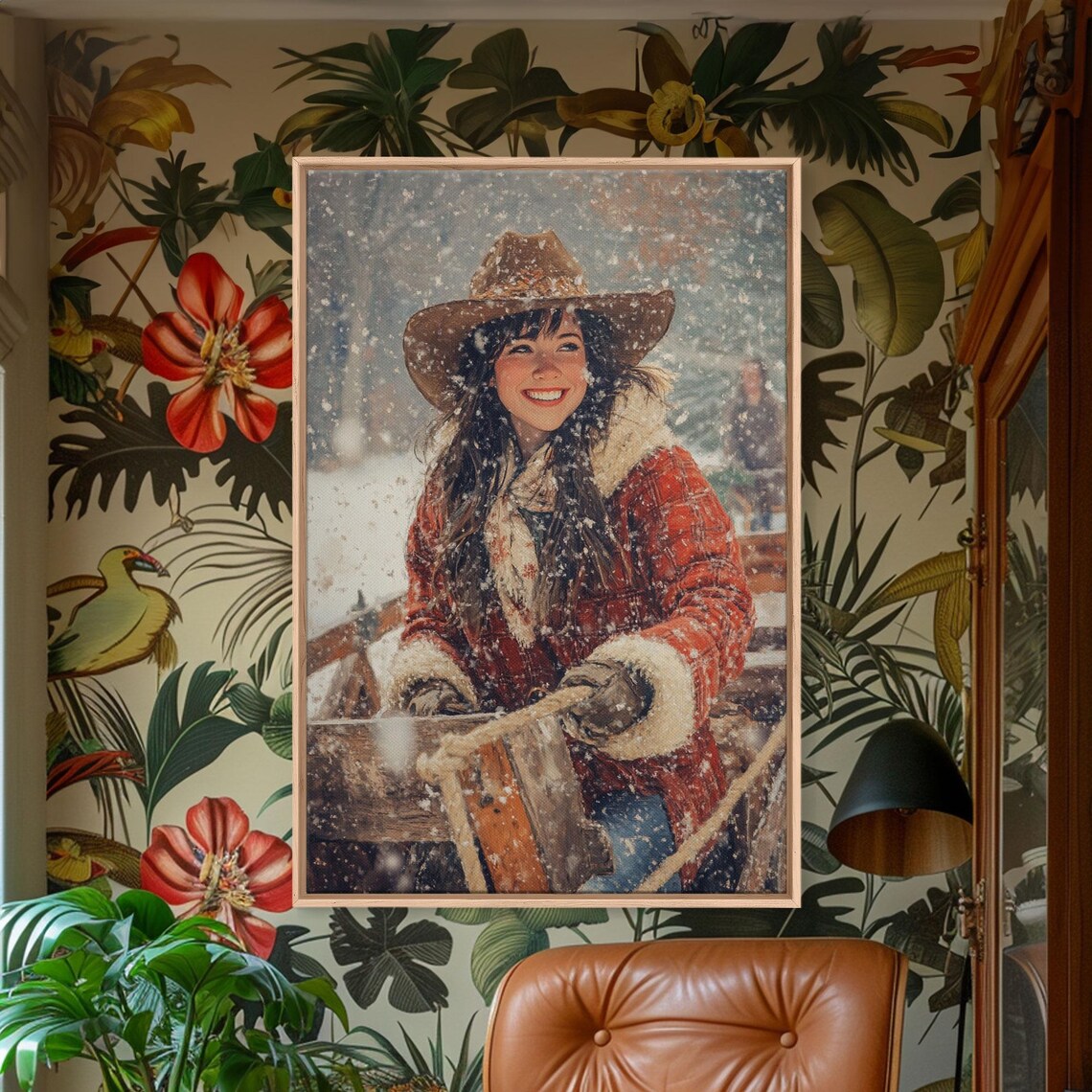 Cheerful Cowgirl Pulling Sled Snowfall Winter Vintage Holiday Wall Art