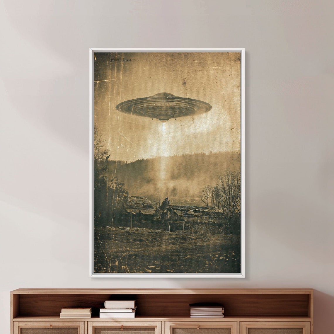 Distressed UFO Flying Saucer Over Farm Poster Vintage Sci Fi Wall - Image 2