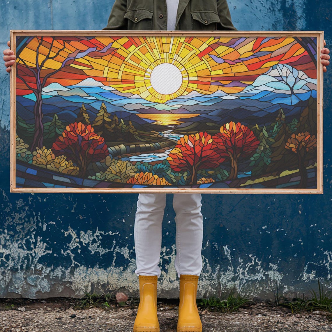 Stained Glass Sunrise Mountain Lake Autumn Forest Landscape Poster - Image 6
