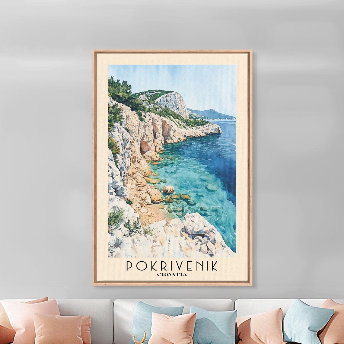 Pokrivenik Croatia White Rocky Cliffs Clear Turquoise Sea Pine Coast Watercolor Poster - Image 3