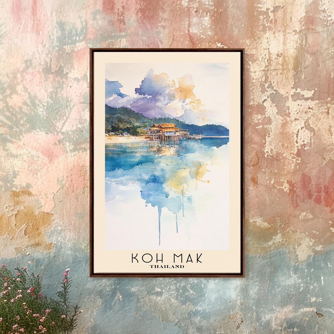 Koh Mak Thailand Stilt Houses Golden Water Reflection Watercolor Poster - Image 4